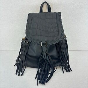 Boho Western Black Faux Leather Fringe Backpack Purse Drawstring Flap Bag Women